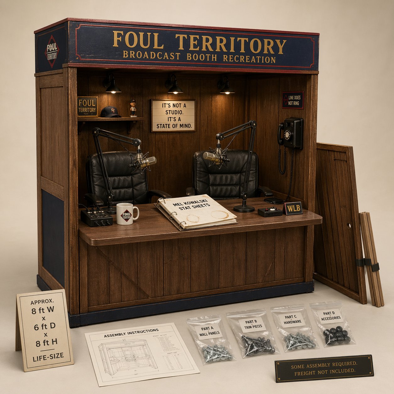 A life-size wooden Foul Territory broadcast booth recreation with two swivel chairs, two dead microphones on boom arms, a coffee-ringed Mel Kowalski Stat Sheets binder, a non-ringing rotary phone on the wall, a LINE DOES NOT RING placard, and assembly parts in labeled bags