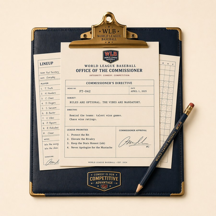 Navy leather commissioner's clipboard with brass hardware, clipped paperwork titled Office of the Commissioner, a lineup card, and a WLB pencil