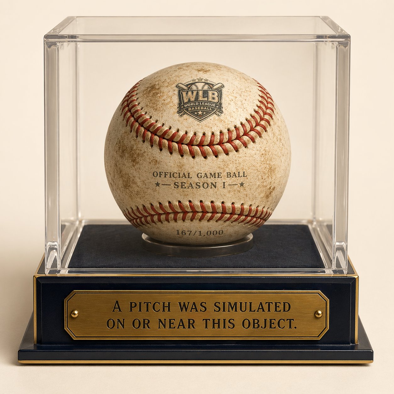 A single aged-looking baseball with the WLB shield and OFFICIAL GAME BALL SEASON I stamped on the cover, displayed in a lucite cube on a navy-and-brass plinth with a plaque reading A PITCH WAS SIMULATED ON OR NEAR THIS OBJECT