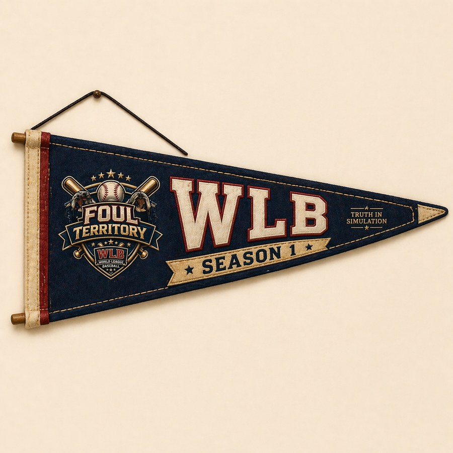 Vintage navy felt pennant with WLB SEASON 1 and the Foul Territory crest, with gold and muted red accents and stitched edging