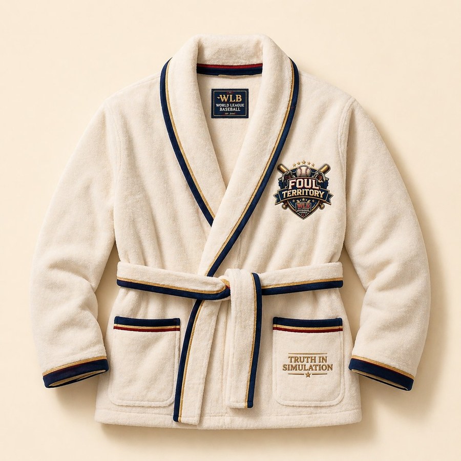 Plush ivory bath robe with navy piping, gold accent striping, Foul Territory crest on the chest, and TRUTH IN SIMULATION embroidered on the pocket