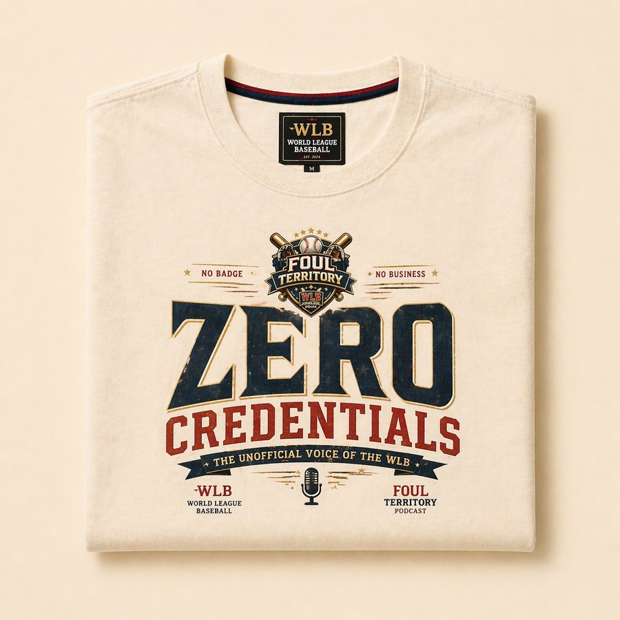 Vintage-washed ivory t-shirt reading ZERO CREDENTIALS in heritage sports typography, with WLB and Foul Territory supporting marks